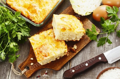 Preview: Homemade Pie With Cabbage And Eggs On The Cutting Board