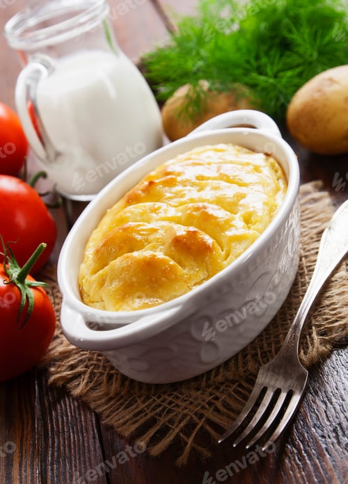Preview: Potato Casserole With Meat On The Wooden Table