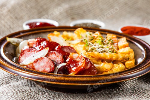 Preview: Grilled Sausages, French Fries And Vegetables