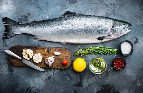 Preview: Whole Raw Salmon On Grey Background, Flat Lay.