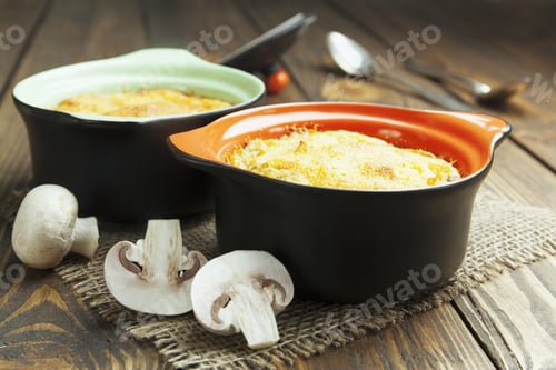 Preview: Casserole With Mushrooms And Cheese In The Pot On The Table