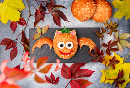 Preview: Halloween Burger (Sandwich) Of Sesame Bun, Sausage Or Ham, Cheese, Tomato Ketchup, Eggs, Olives And