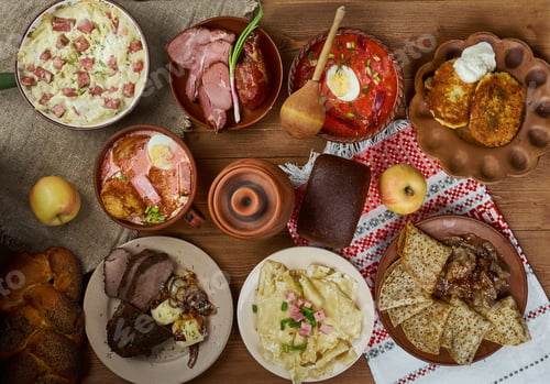 Vorschau: Belarusian Cuisine, Traditional Assorted Dishes, Top View.