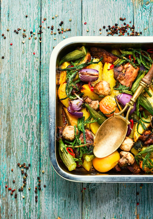 Preview: Grilled Meat And Vegetables On Rustic Wooden Background.Roasted Meat With Vegetables.