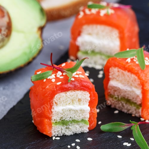 Preview: Mini Sandwiches With Smoked (Salted) Salmon Or Trout, Avocado, Cream Cheese, Sesame Seeds And