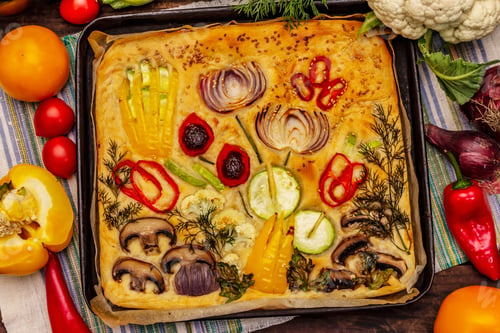 Preview: Colorful Garden Focaccia. Fresh Ripe Vegetables, Olive Oil, Greens. Traditional Italian Bakery. Old