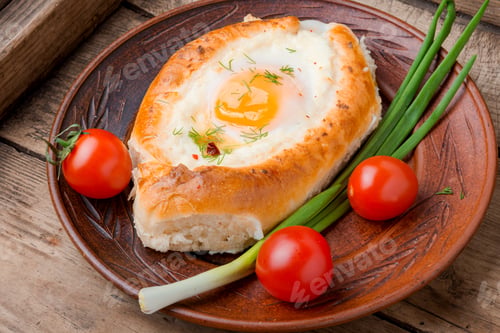 Preview: Khachapuri Georgian National Flour Product,Pie Stuffed With Cheese And Eggs