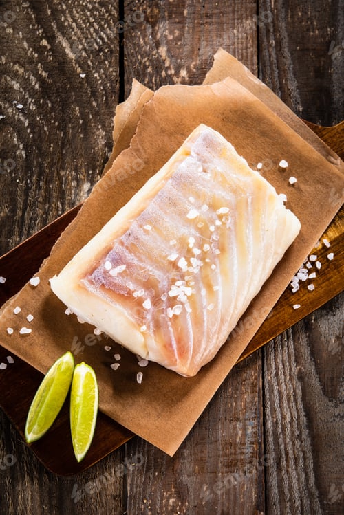 Preview: Fresh Raw Cod With Lemon On Cutting Board On Wooden Table