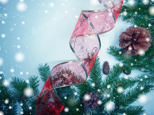 Preview: Christmas Background With Fir Branches Frame Snow And Red Ribbon