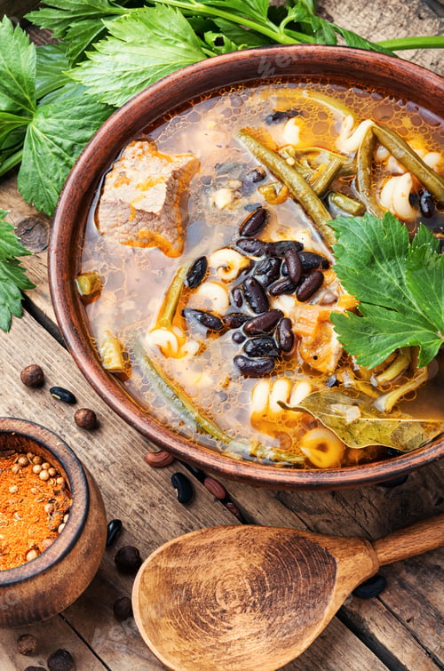 Preview: Plate With Meat Soup With Beans.Winter Food.