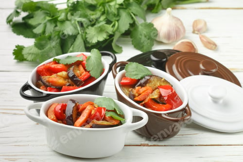 Preview: Baked Vegetables In Portion Pots. Eggplant, Bell Pepper, Carrot, Onion, Garlic, Cilantro