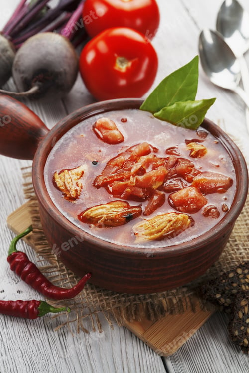 Preview: Soup With Red Beets And Meat. Russian Traditional Dish. Borsch