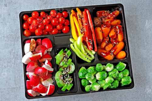 Preview: Vegan Vegetable Set. Healthy Food. Vegan Snack With Vegetable Salads. Lunch Box With Vegetables