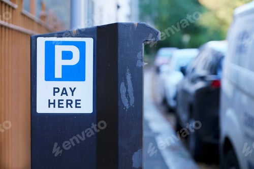 Preview: Pay And Display Here Car Parking Machine On Street And Row Of Vehicles Outside Houses