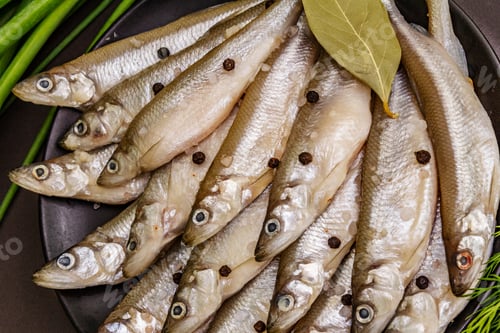 Preview: Raw Sea Fish Smelt, Sardines, Anchovies, Capelin With The Scent Of Fresh Cucumber Ready For