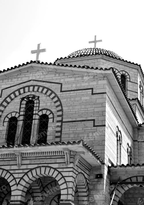 Preview: The Orthodox Church Ekklisia Agios Ioannis In Loutraki Town, Greece. Black And White.
