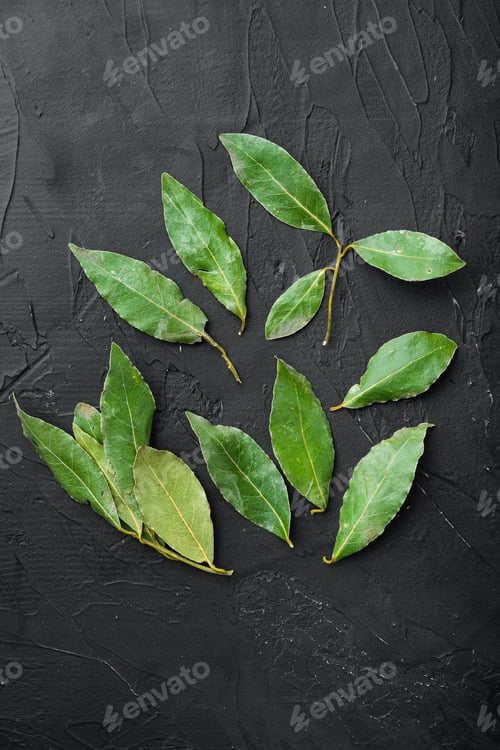 Preview: Fresh Bay Leaves Set, On Black Stone Background, Top View, Flat Lay