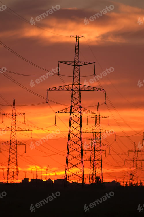 Preview: The Photo Of Electric Power Transmission Lines At Sunset. Little Noise