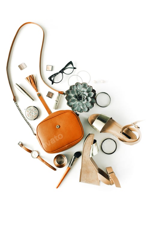 Preview: Flat Lay Feminini Accessories Collage With Purse, Watch, Glasses, Bracelet, Lipstick, Sandals