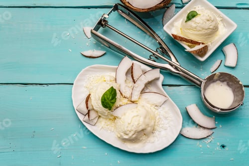 Preview: Lactose Free Coconut Ice Cream. Special Spoon, Halves Of Fruit, Flakes. Vegan Dessert Concept