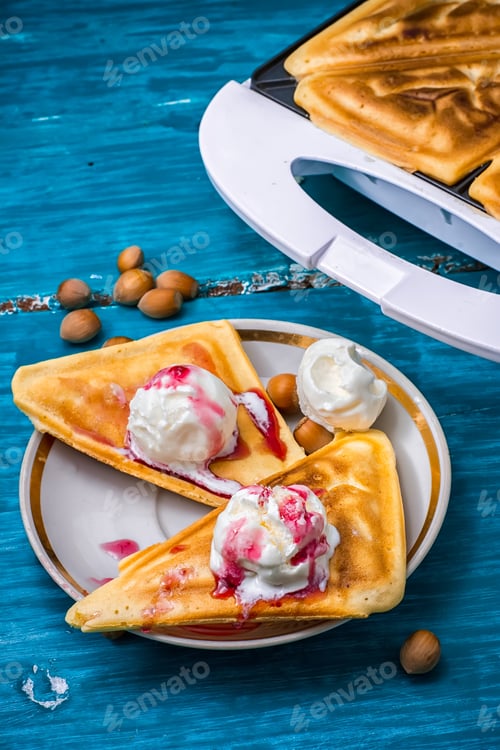 Preview: Baked Waffle Pecan Coconut Dessert With Appendices Ice Cream.Selective Focus