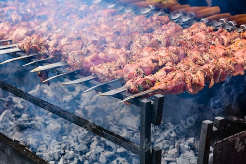 Preview: Skewers With Meat Over Charcoals. Cooking Shashlik