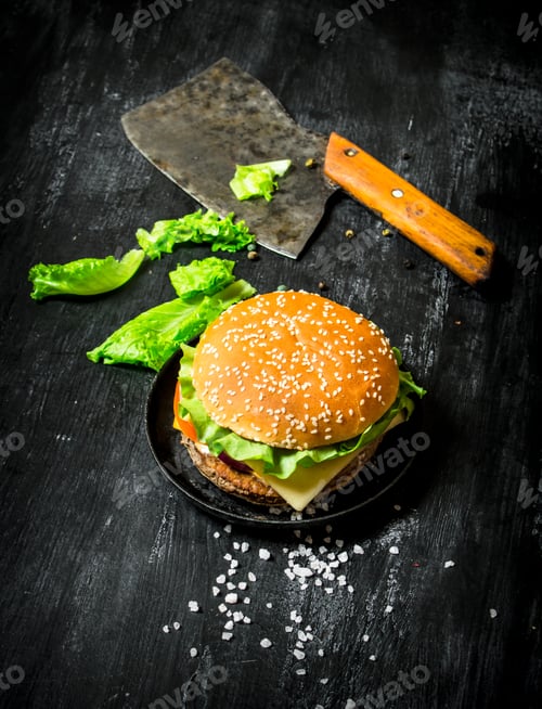 Preview: Fresh Hamburger With Greens And An Old Hatchet. On A Black Chalkboard.
