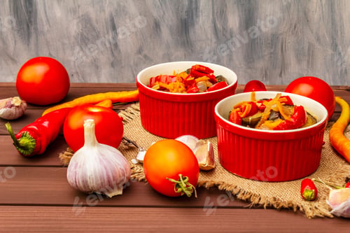 Preview: Marinated Salad With Pickled Vegetables: Eggplant, Carrot, Pepper, Tomato, Garlic. Healthy Food