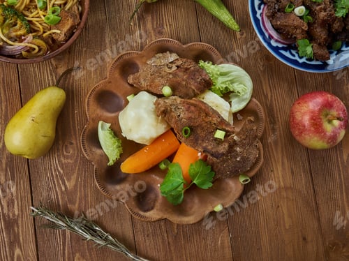 Preview: Khorkhog, Barbecue Dish In Mongolian Cuisine, Asia Traditional Assorted Dishes, Top View.