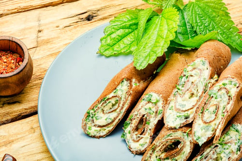 Preview: Meat Liver Pancakes With Stuffed In A Plate On Rustic Wooden Table
