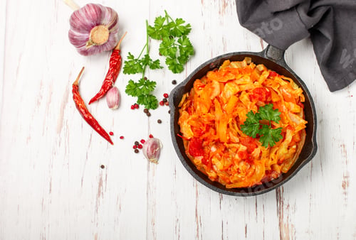 Preview: Stewed Cabbage With Vegetables - Tomatoes, Carrots, Onions, Bell Peppers With Spices, Garlic And