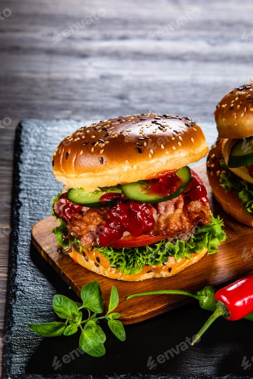 Preview: Tasty Burgers With Chips Served Black Stone Plate