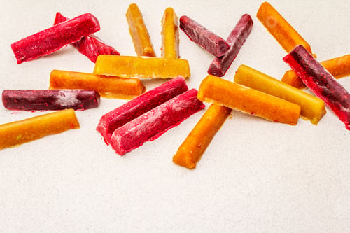 Preview: Frozen Assortment Of Fruit Purees In The Form Of Sticks. Summer Healthy Eating Concept, Baby Food