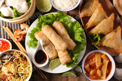 Preview: Selection Of Asian Food- Spring Roll, Samosa, Dumpling, Noodles