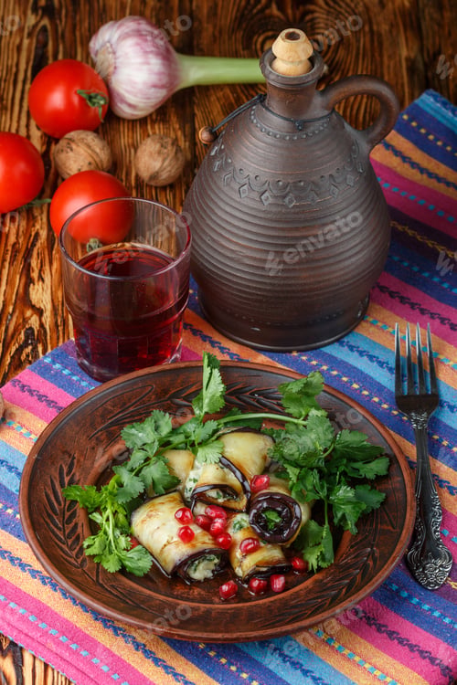 Preview: Rustic Roasted Stuffed Eggplant With Cheese, Garlic, Walnuts, Cilantro And Pomegranate Seeds In A