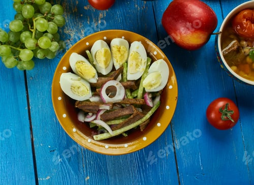 Preview: Uzbek Beef Salad Tashkent, Traditional Assorted Dishes, Top View. Central Asian Cuisine