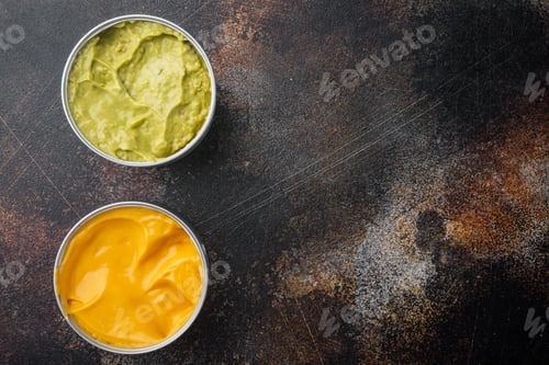 Preview: Canned Guacamole And Cheese Dip In Can, Top View Or Flat Lay With Copy Space For Text