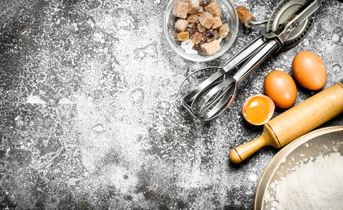 Preview: Baking Background. Ingredients And Tools For Dough Preparation. On A Rustic Background.