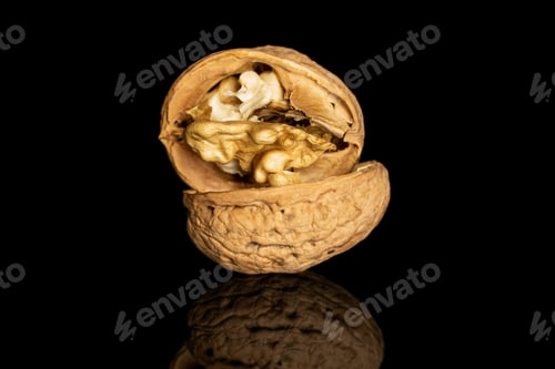 Preview: Group Of Two Halves Of Fresh Brown Walnut Isolated On Black Glass