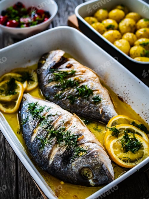 Preview: Roast Dorada With Lemon ,Rosemary And Potatoes In Cooking Pan On Wooden Table