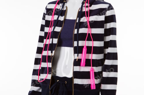 Preview: Striped Sweatshirt With Zipper. Pink Skipping Rope On Mannequin. Merchandise In New Sports Store