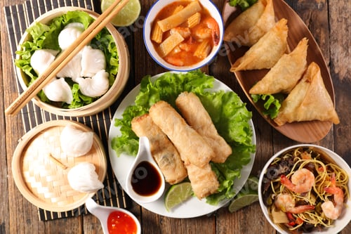 Preview: Asian Food With Spring Roll, Samosa, Chinese Soup