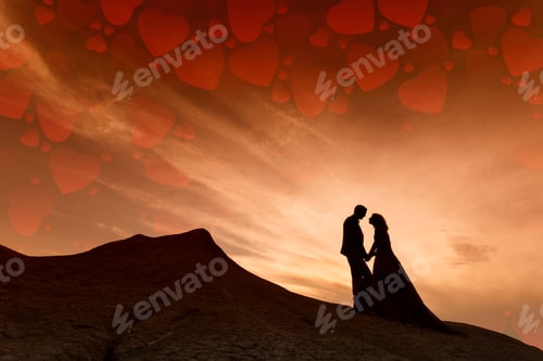 Preview: Silhouette Of Couple With Red Sky Full Of Hearts