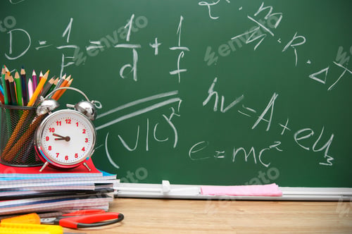 Preview: Alarm Clock And Stationery Against A School Board (Mathematical Formulas).