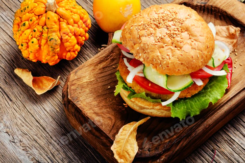 Preview: Diet Hamburger With Fresh Vegetables And Pumpkin Cutlet.Fast Food Dish