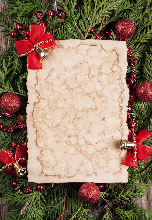 Preview: Sheet Of Paper With Christmas Decoration On Wooden Background