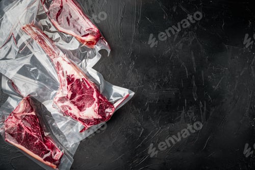Preview: Dry Aged Steak In A Vacuum. Meat Products In Plastic Pack Set, Tomahawk, T Bone And Club Steak