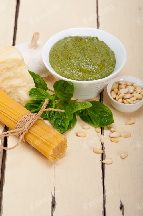 Preview: Italian Traditional Basil Pesto Pasta Ingredients Parmesan Cheese Pine Nuts Extra Virgin Olive Oil