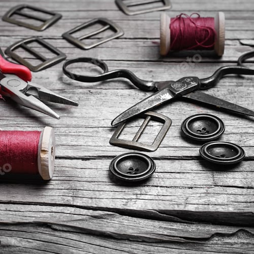 Preview: Buttons And Fasteners From Outdated Clothes On Wooden Background