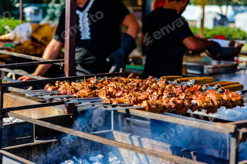 Preview: Skewers With Meat Over Charcoals. Cooking Shashlik